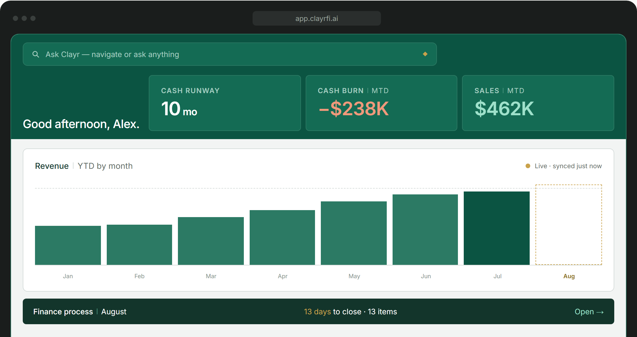 ClayrFi app showing cash runway, burn, sales, and live revenue